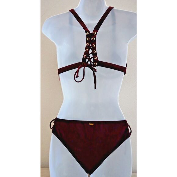 Pink x Victoria's Secret Swim Sz M Burgundy Lace-Up Top & Cheeky Bikini Set - Picture 2 of 12